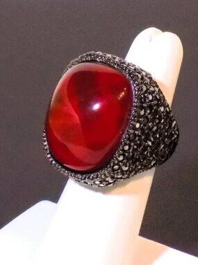 Signed Kenneth Lane Chunky Hematite & Red Stone Gunmetal Ring Size Adj. 6 - 7.5